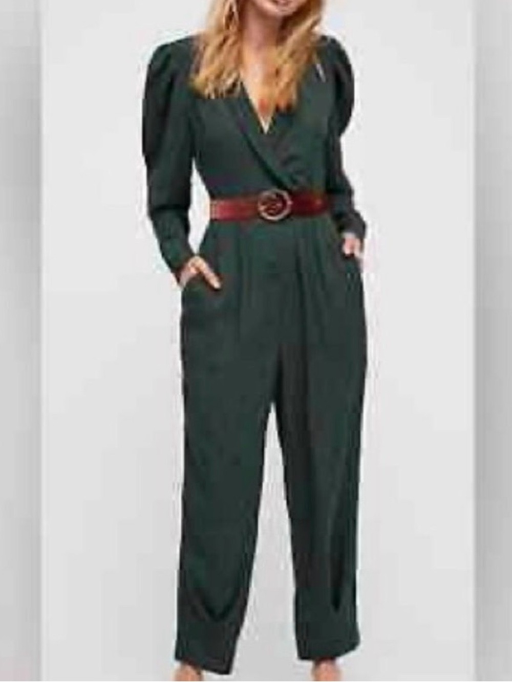 #965 FREE PEOPLE Star Eyes Dark Green Wrap Jumpsuit w Orange Medallion Print